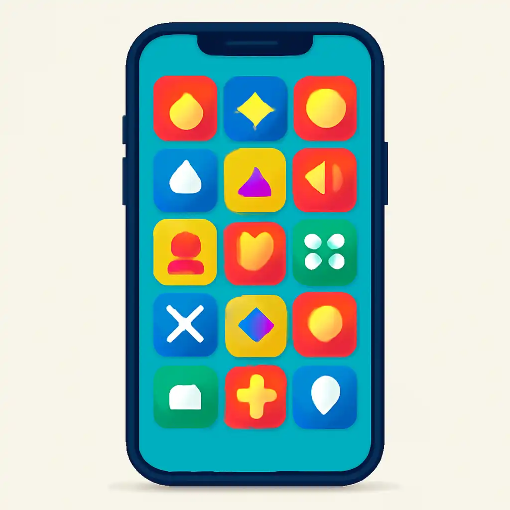 Smartphone shown from the front displaying a colourful flat layout of abstract game icons and rounded tiles (no text, no letters, no labels), 51 Game