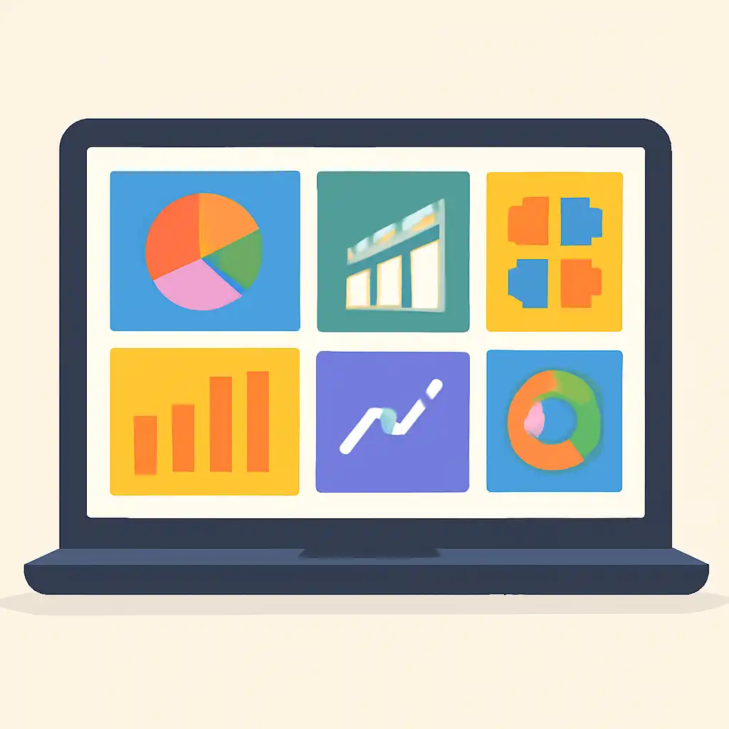 Laptop shown from the front displaying a colourful flat dashboard of abstract charts, bars and icon tiles (no text, no letters, no labels), 51 Game