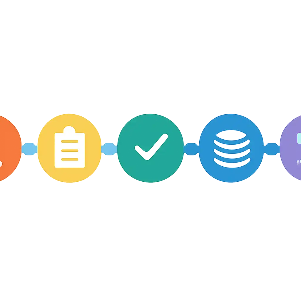 Five numbered circular icons connected by arrows in a horizontal flow, flat illustration, icons only, no words, 51 Game steps